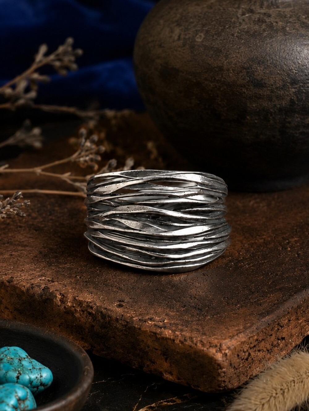 Sterling Silver Wide Wave Band Ring Oxidized Boho Sculptural Statement Size 10